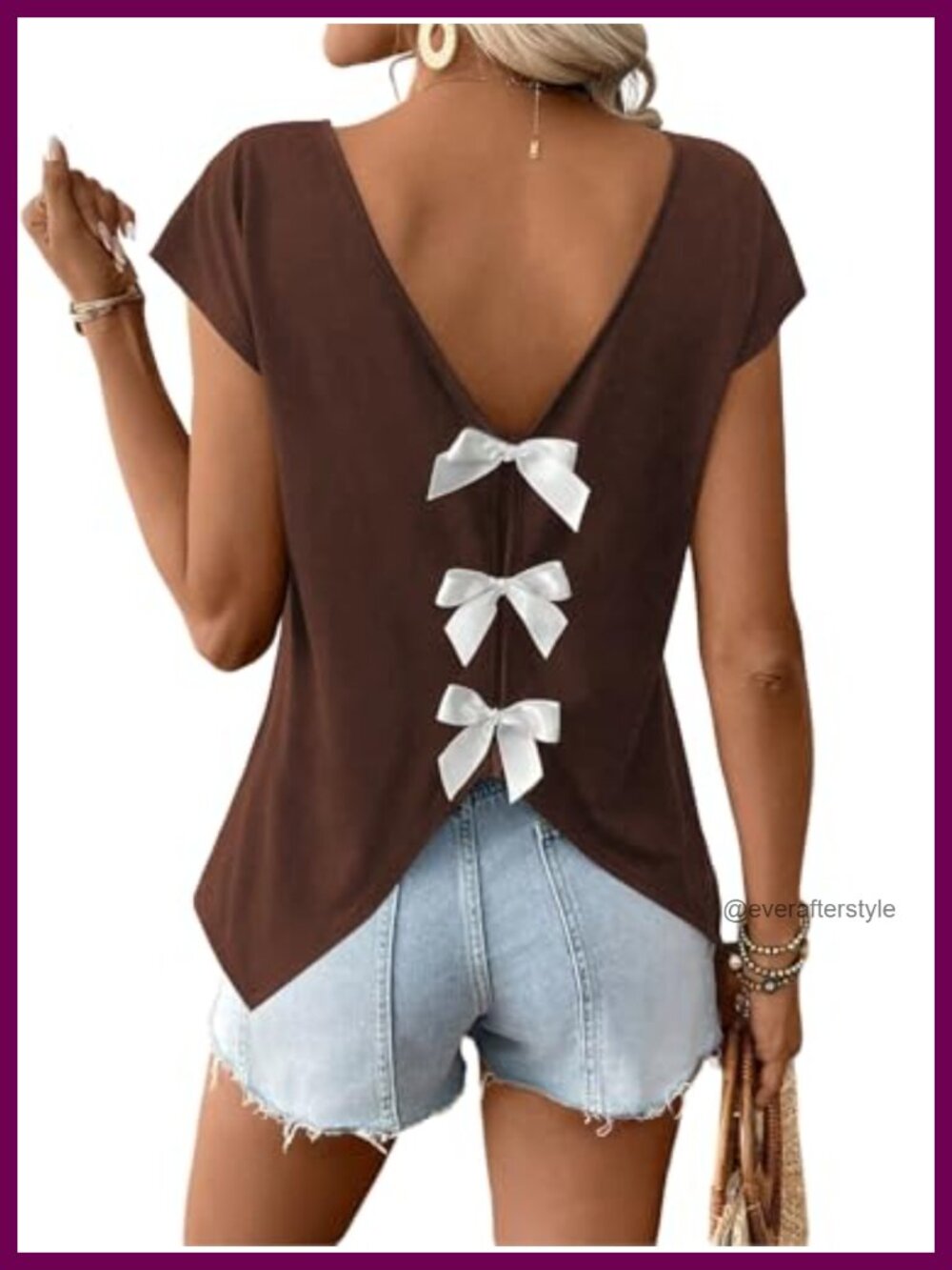 Women's V Neck Bow Backless Top Cap Sleeve Elegant Casual T-Shirt